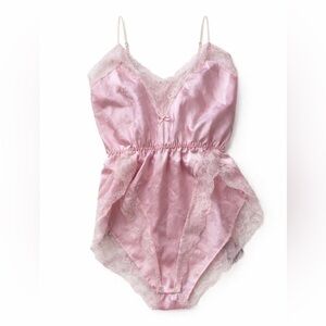 Vintage Lis Leveque Pink Satin Lace Teddy Romper Nightie 90s Lingerie Medium